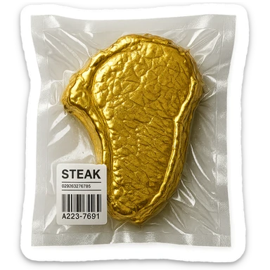 steak covered in edible gold, shiny and inflated, vacuum-sealed style sticker