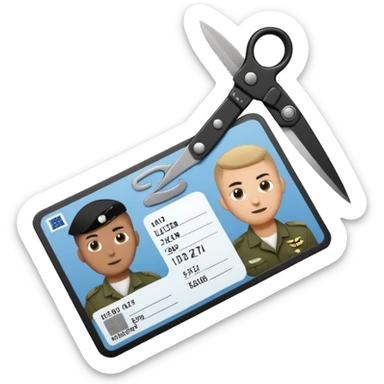 Floating black Scissors cutting an idf soldier ID card in 2 parts .hyper realistic sticker