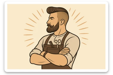 shu pozada turgan faqat chap tarafga qarab turgan sartarosh ustani tasvirlab ber sticker