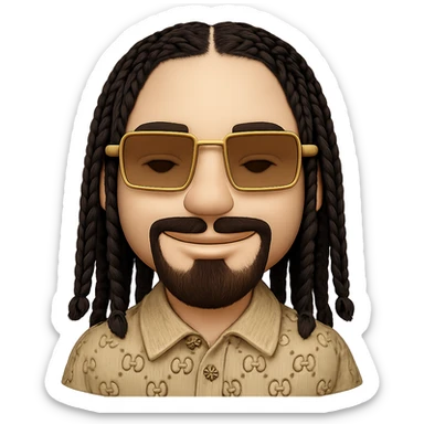 emoji of a smiley with a slim face, light skin, beard only on chin, mustache above upper lip, no hair under lower lip, highly detailed black braided hair, rectangular gold sunglasses, beige top with GG pattern and collar, transparent background, faithfully follow reference photos sticker