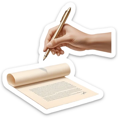 A glowing, slightly transparent hand—representing the future self—emerges from a piece of paper, offering a pen to the present self. The present self’s hand, solid and real, reaches out to take it, symbolizing the moment of choosing action over procrastination, guided by the future self’s wisdom. sticker