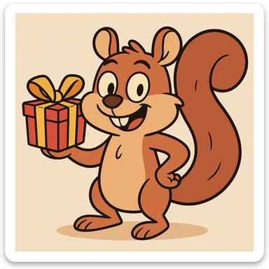 fun, friendly squirrel holding a gift with one hand, cartoon style, playful and cute sticker