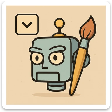 dropdown icon with a stylized robot head and a paintbrush, symbolizing AI creativity, flat colorful style sticker