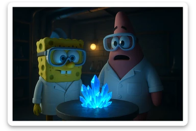 3D cienmatic cartoon shot, spongebob and patric dress in safety glasses and safe white outfit, the are standing front of table with blue crystals on table glowing (light source) science room in basement, back light, Cinema 4d render, proffesional lightning sticker