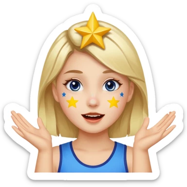 A girl with star-shaped cheek paint, cheering with bright eyes. sticker