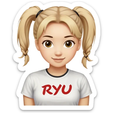 Beautiful girl smilling with big eyes, ponytail and "ryu" written on tshirt sticker