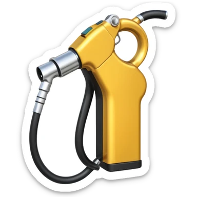 handheld fuel dispenser with a trigger, metallic look, slightly curved tip, black rubber hose attached sticker