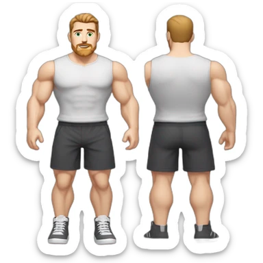 Full height Pale skinned muscular man With Realistic eyes and mouth, light brown hair and stubble In dark gray sleeveless mike, black oversize sports shorts, watch and white sneakers. sticker