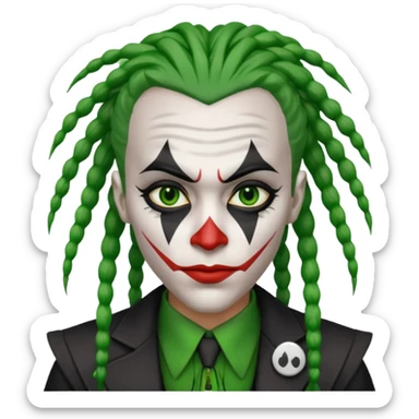 black joker character with green dreadlocks, binary code elements, partially white makeup sticker