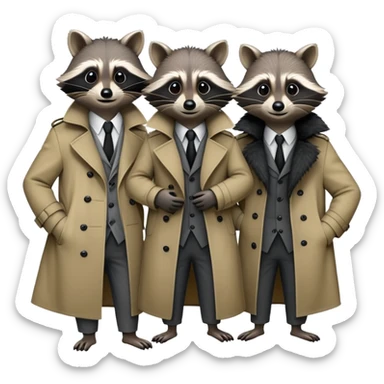 Three mischievious raccoons standing on top of each other pretending to be one person in a  single trench coat sticker
