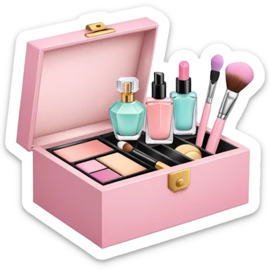 an open box with makeup brushes, compact powder, and perfume bottle spilling out sticker