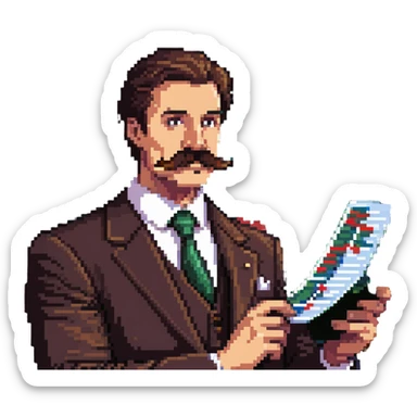Finance guy with massive handlebar mustache, business attire, stock market chart sticker