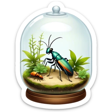 Close-up of home insects showcasing beetles, praying mantises and other exotic species in vivid detail, with natural textures of the terrarium. Soft lighting highlights their features. Transparent background. sticker