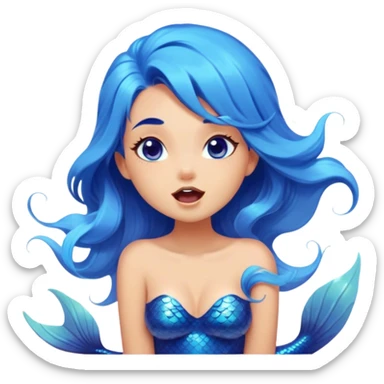 Cinematic Realistic Blue Hair Mermaid Portrait, head tilted slightly with a dramatic, wide-open yawn, revealing a tender, relaxed visage with intricately detailed, tanned skin and vibrant, cascading blue hair softly billowing around her. Her dreamy eyes exude a serene, aquatic charm, rendered with gentle underwater lighting and a soft, high-shine finish that captures the essence of a drowsy yet captivating mermaid drifting into tropical slumber. sticker