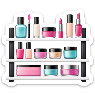 a white shelf with few beauty products and sparkles sticker