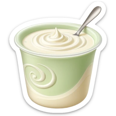 open cup of plant-based yogurt with smooth creamy white surface and soft swirls, lighter and silkier texture than dairy yogurt, simple unbranded cup in soft neutral tones like beige or pale green, no spoon or fruit, soft lighting, subtle shadows, emoji scale sticker