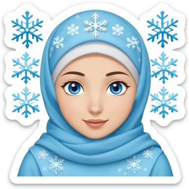 Turkish beautiful finish Konya girl blue eyes with light blue winter design hijab islamic dress and had on her hand snowflakes and she winks sticker