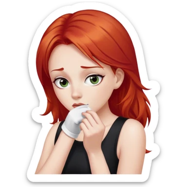 a woman with red hair and red eyes sniffing a white sock. The woman wear a black  dress sticker