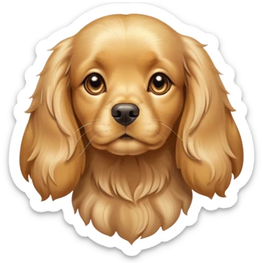Cinematic Cute Gold Cocker Spaniel Portrait Emoji, Head tilted playfully and inquisitively, showcasing a silky, golden coat with a natural sheen, round, sparkling brown eyes filled with curiosity, Simplified yet irresistibly adorable features, highly detailed, glowing with a warm, friendly glow, high shine, affectionate and lively, stylized with a touch of whimsy, bright and endearing, soft glowing outline, capturing the essence of a mischievous yet loving pup, so playful it feels like it could bound out of the screen and into your arms! sticker