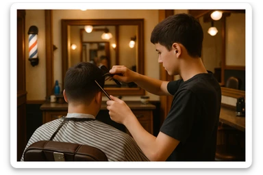 yuzi ko'rinmasin sartaroshxonada ishlayotganini tasvirlab ber mijozlarni sochini olayotganini o'smirin davrini sticker