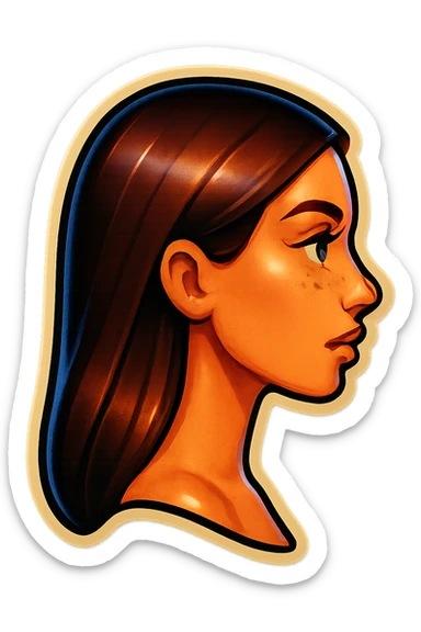 Create a side view (profile) of this woman's head, matching the same cartoon emoji style, with long dark hair and similar facial features. Variant 3. sticker