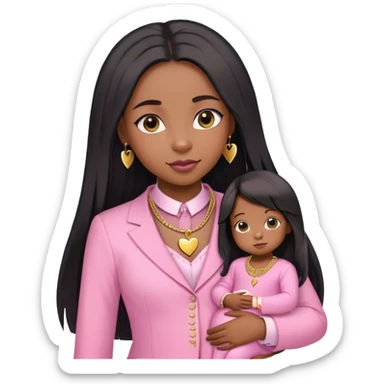 Black girl with STRAIGHT LONG HAIR DOWNhair down with baby edges and formal clothes that are pink for her interview and a SMALL gold heart necklace  sticker
