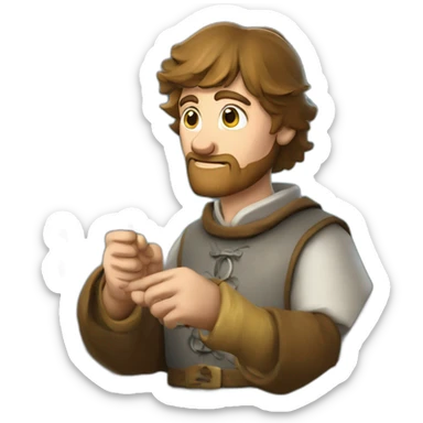 medieval coin collector, looking at a coin with a magnifying lense sticker