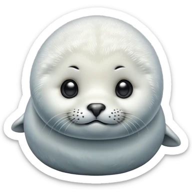 Cinematic Cute Baby Seal Portrait Emoji, Head tilted playfully and inquisitively, featuring a charming, pudgy body with velvety, damp fur, oversized round eyes brimming with innocent wonder, and a soft, cuddly face, Simplified yet irresistibly adorable features, highly detailed, glowing with a warm, frosty glow, high shine, affectionate and lively, stylized with a touch of whimsical polar magic, soft glowing outline, capturing the essence of a mischievous yet loving baby seal that seems as if it could waddle out of the screen into your arms! sticker
