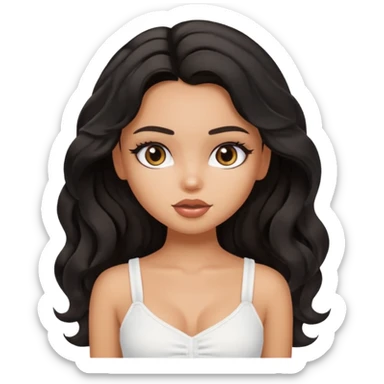 a pretty bratz tan girl with wavy black hair wearing a white cami top. Skintone is tan sticker