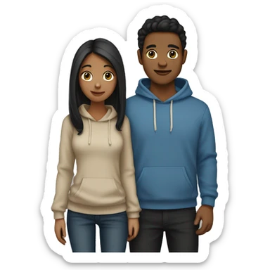 A guy with dark hair in a beige hoodie and black jeans holds hands with a girl with a highlighted hairstyle in a beige hoodie and blue jeans sticker