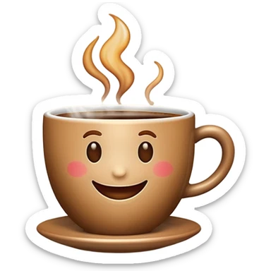 Create an emoji-style image of a warm morning cup of coffee with steam rising and a cheerful smiling face on the cup. The background should feel cozy and bright, like morning sunshine. sticker