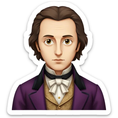 Cinematic Realistic Chopin Portrait Emoji, depicted as an introspective composer with expressive eyes and period attire, rendered with rich textured detail and soft classical lighting that captures his emotive musical genius. sticker
