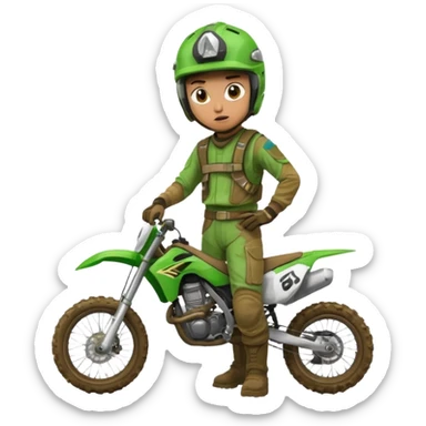 confused dirtbike rider in green gear sticker