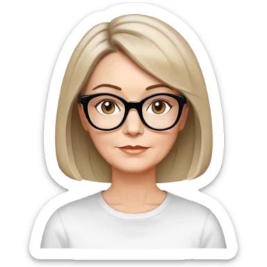 white woman about 50 years old, light warm skin, short bob haircut to neck with slight waves at ends, medium brown hair with soft highlights, neutral expression, large black shiny butterfly or cat-eye glasses, white casual t-shirt, calm and creative energy sticker