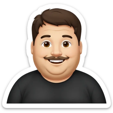 Hombre obese, cuerpo grande, latino piel canela, cara redonda-ancha, scruff sin barba completa, cejas gruesas, pelo oscuro ondulado flat largo hasta el cuello. Sonrisa amplia, expresión alegre. Camisa negra. Size large.  sticker