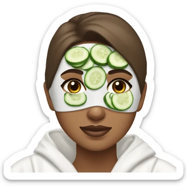 White girl with Brown hair and blue eyes wears a Green clay colored skincare textured mask and puts on cucumbers around her eyes while She relaxes in her white Robe sticker