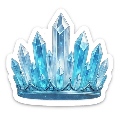 a crystal crown made of faceted clear and icy blue crystals, with silver accents and a magical glow sticker