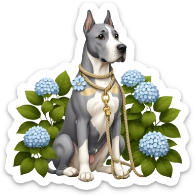 Gray Great Dane with white rope collar and rope Leash with gold accents sotting near a white hydrangea bush  sticker