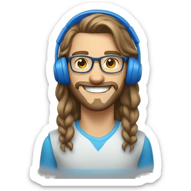 belarusian guy with long hair, with short bristle, glasses, with blue headset, smiling with grin  sticker