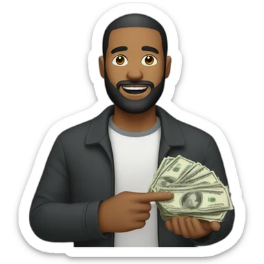 a man with a short haircut and a beard with money in his hand sticker