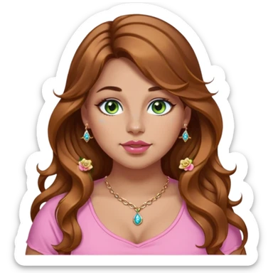 Girl girl long wavy brown hair with caramel highlights, green/blue/gold eyes, plus size, pink girly top, right nostril rose gold nose ring with diamonds embedded sticker
