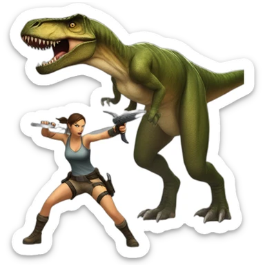 Lara Croft fighting a T-Rex sticker