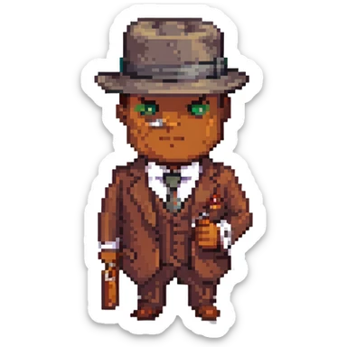 mafia guy wearing a fedora and suit, holding a cigar, pixel art style sticker