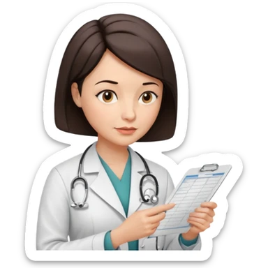 A female doctor in her 50s with visible facial wrinkles, dark brown short bob hair, her body turned slightly at an angle, with her gaze clearly directed downward and fixed on the medical chart she is reviewing. sticker