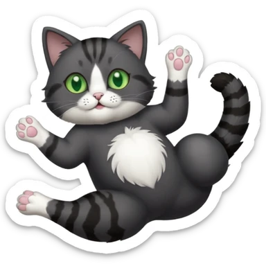 solid dark grey cat with green eyes, white toes/paws and white patch on her chest playfully rolling upside down sticker