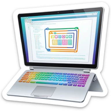 An icon featuring a laptop screen with colorful lines of code, brackets, and a blinking cursor, symbolizing programming. The design includes flowcharts, gear icons, and binary code, representing software development and logical problem-solving. Transparent background highlights the world of coding. sticker