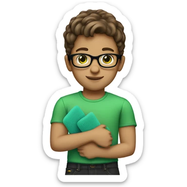 Little boy, brown hair, green eyes, light tan skin, glasses, blue shirt, black jeans, holding a sponge sticker