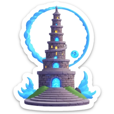 3D photorealistic stone tower spiraling form large base citadel encircled by spiral ramps tower reaching nebula night sky illuminated by glowing blue torches moonlight symbolizing spiritual animistic realm emoji icon sticker