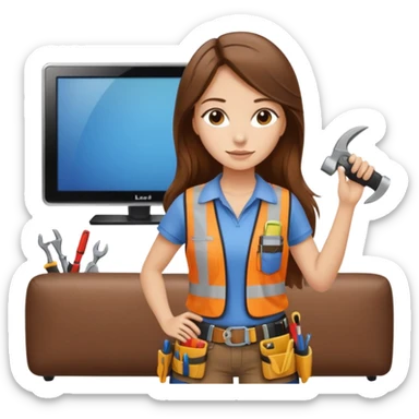 beautiful girl with long brown hair constructing new lounge room area with flat screen tv and couch sticker