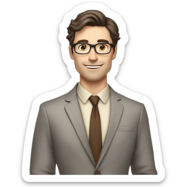 Pale skinned fit man with dark brown hair in gray jacket, beige office shirt, brown tie, brown pants and vintage glasses Writing on the flipchart sticker